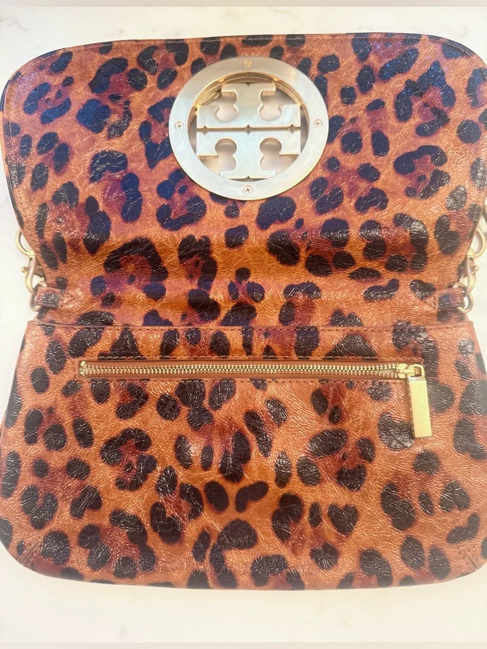RARE Tory Burch Ainsley Leather Leopard Crossbody Clutch w/ Removable Strap